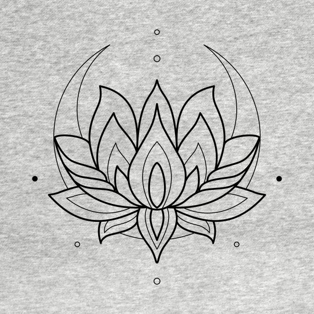 a black and white drawing of a lotus flower on a gray shirt with dots in the background