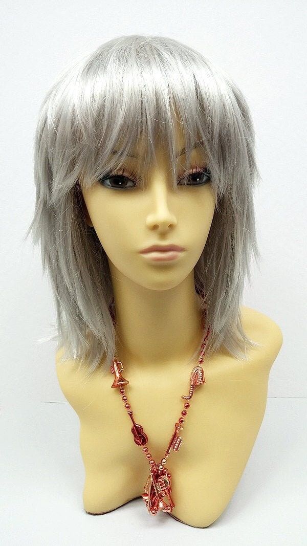 "Featuring stylish choppy layers, definitely consider this wig for your cosplay or costuming plans! This wig is made with synthetic fiber which prevents loss of style even after cleaning. Color: Silver Grey Style: 12\" Medium Layered Shag Circumference: Default at 21\" with adjustable cap (max 22\"). Materials: Synthetic Wig Fiber All sales are final. Please read all store policies before purchasing." Platinum Blonde Hair Men, Layered With Bangs, Layered Shag, Modern Shag Haircut, Style Wig, Wig Straight, Hot Rollers, Medium Layered, Grey Wig