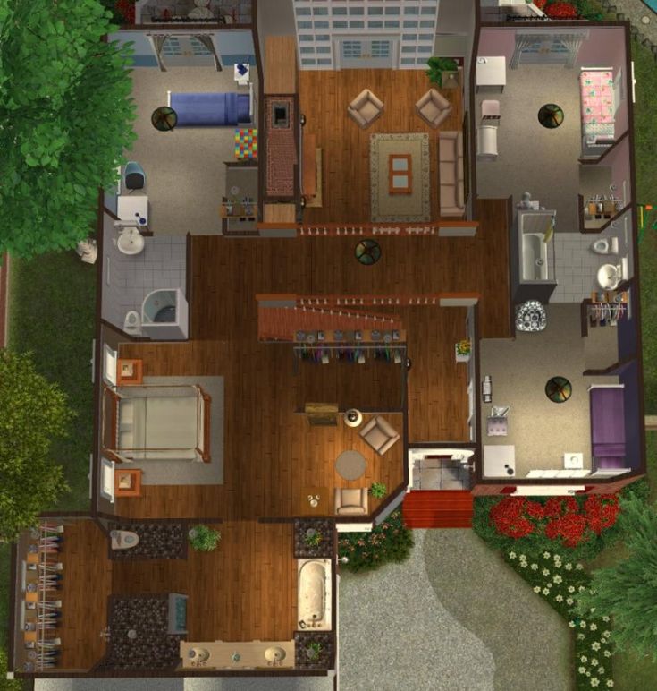 an aerial view of a house with lots of furniture