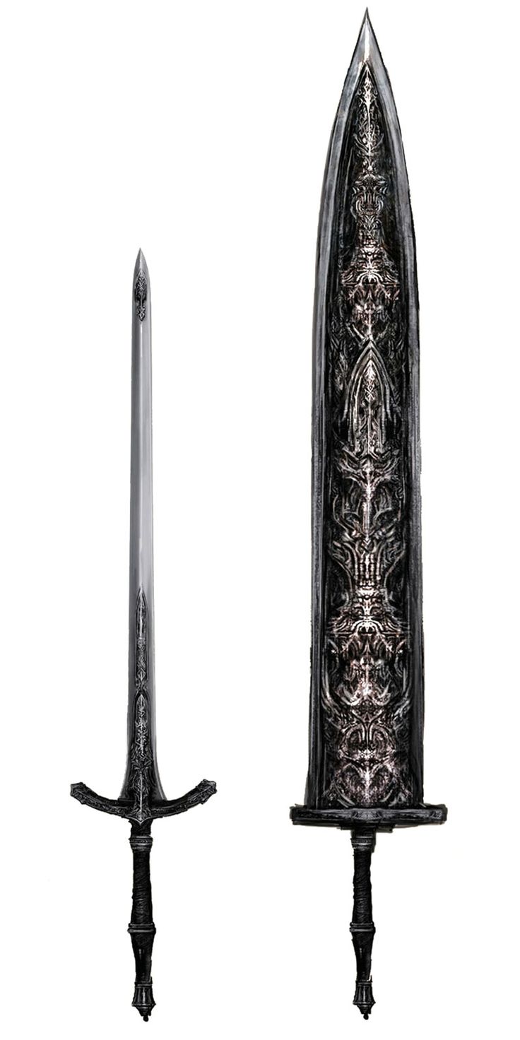 two swords with intricate designs on them, one is black and the other is silver