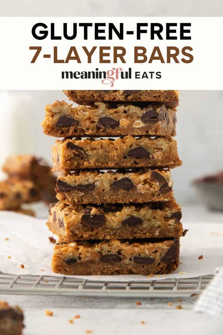 gluten - free 7 layer bars stacked on top of each other with text overlay