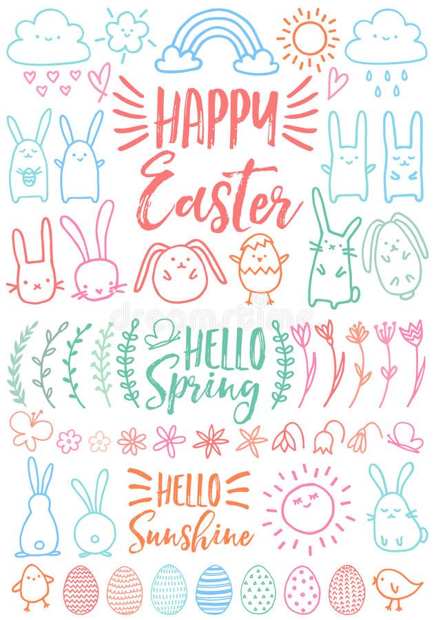 happy easter greeting card with hand lettering and doodles in pastel colors on a white background