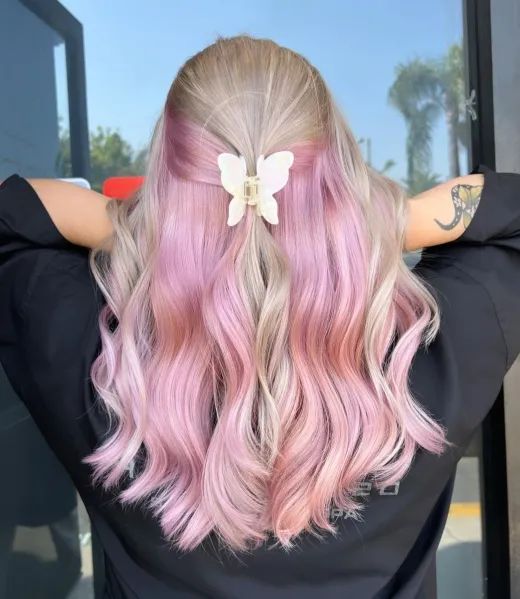 Pink Underneath Hair, Pink Peekaboo Hair, Pink Peekaboo, Blonde Peekaboo Highlights, Pink Hair Highlights, Blonde Hair With Pink, Natural Dark Hair, Hidden Hair Color, Peekaboo Hair Colors