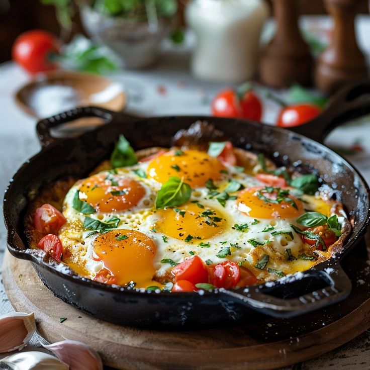 an iron skillet with eggs, tomatoes and herbs in it on a wooden board