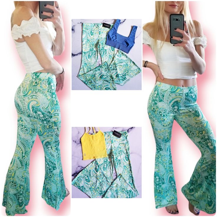 New With Tag Paisley Print Bell Bottom Pants In Green Multi Add Some Fresh Flare To Your Style And You'll Be Shining Bright! From Dancing The Festivals Night And Day To Chilling At Home And Lounging Away, These Flare Leggings Are An Everyday Must. Let Your Inner 60s Boho Goddess Out To Play. Features High Waisted Flared Legging Stretch Fit Multicolored Paisley Print With A Mix Of Green, Teal, Turquoise, White, And Yellow Sizes Available S, M, L 95% Polyester 5% Spandex Boutique Brand Time After Fitted Bottoms With Paisley Print For Spring, Fitted Paisley Print Bottoms For Spring, Fitted Pants Matching Set For Summer, Stretch Paisley Print Bottoms For Summer, Fitted Paisley Print Pants For Spring, Fitted Paisley Print Spring Pants, Fitted Matching Set Bottoms For Spring, Summer White Bottoms With Paisley Print, Stretch Matching Set Bottoms For Summer