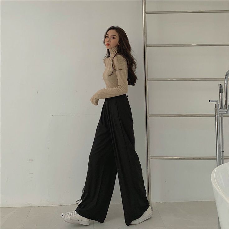 Tahah High Waist Wide-Leg Pants | YesStyle Wide Leg Black Pants Outfit, Black Wide Leg Pants Outfit, Flowy Pants Outfit, Girls Dress Pants, Black Pants Outfit, Wide Leg Pants Outfit, Plaid Dress Pants, Pants Outfit Casual, Ginger Girls