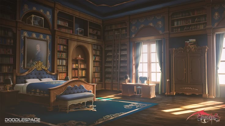 a room with bookshelves, a bed and a desk in the middle of it