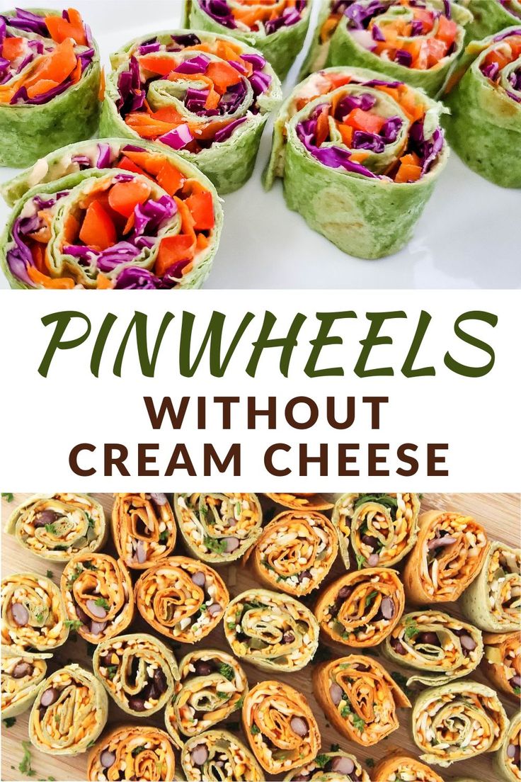 pinwheels with cream cheese and carrots on the side are shown in this collage