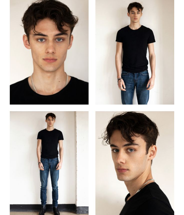 four different shots of a young man in black shirt and blue jeans, standing next to a white wall