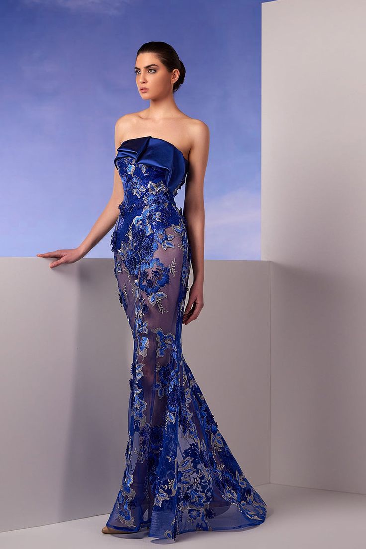 Edward Arsouni, Blue Mermaid, Creation Couture, Strapless Gown, Lace Gown, Blue Satin, One Piece Swimwear, Blue Dress, Dress Making