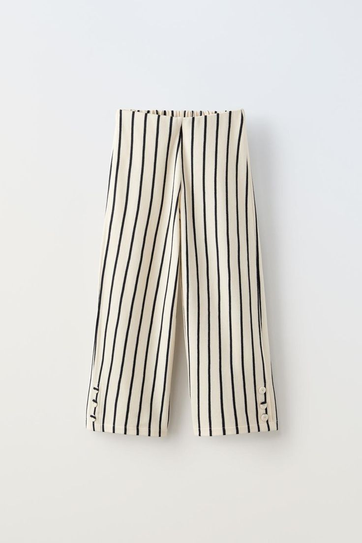 STRIPED PANTS - Blue | ZARA United States Striped Wide-leg Pants With Elastic Waistband, Striped Wide Leg Trousers With Elastic Waistband, Striped Straight Leg Bottoms With Elastic Waistband, Striped Wide Leg Pants With Elastic Waistband For Work, Striped Straight Leg Pants With Elastic Waistband, Striped Cotton Wide Leg Ankle-length Pants, Casual Ankle-length Pants With Vertical Stripes, Casual Ankle-length Bottoms With Vertical Stripes, Striped Wide Leg Ankle-length Pants With Elastic Waistband