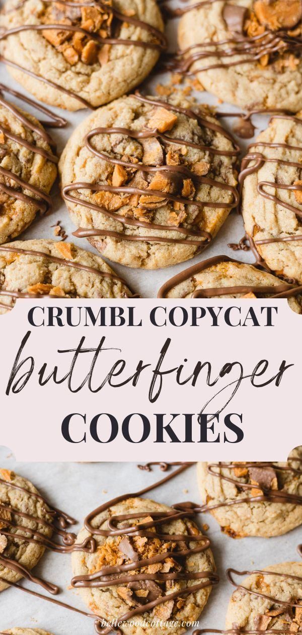 crumb copycat butterfingeringer cookies with chocolate drizzle on top