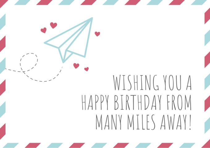 a birthday card with a paper airplane flying through the sky and hearts in the background