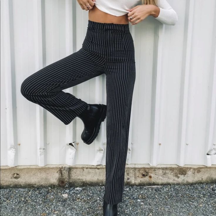 Nwt “Fallon Pinstripe Pants” In Size Aus8(Us4) High Waisted Runs Tts Black With White Pin Stripe Zip Closure With Clasp Belt Loops Flowy Lightweight Material 100% Polyester Fall Pinstripe Wide Leg Bottoms, Chic Vertical Stripes Pants For Fall, Pinstripe High Waist Pants For Spring, Fall Striped High-waisted Pants, Chic High Waist Bottoms With Vertical Stripes, Trendy Striped Straight Pants, Trendy Striped Long Pants, Trendy High Waist Striped Pants, Stretch Striped High-waisted Pants