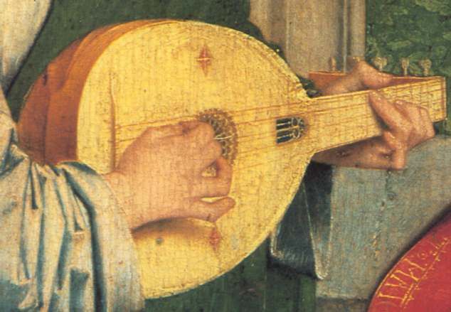 a close up of a painting of a person holding a guitar and playing the instrument