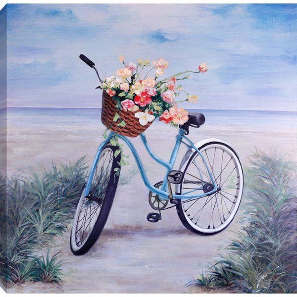 a painting of a bicycle with flowers in the basket