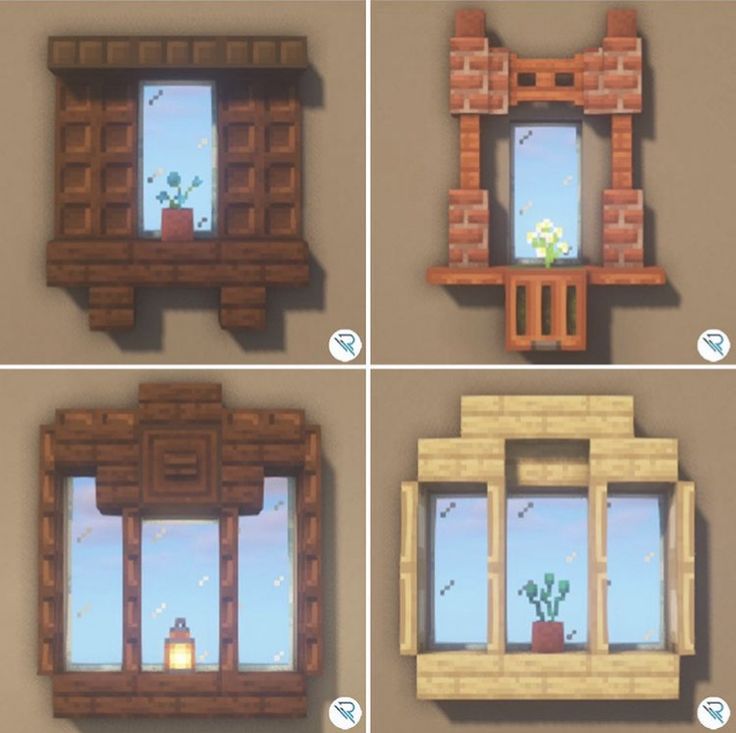 four different views of a window with plants in it and the windows are made out of bricks