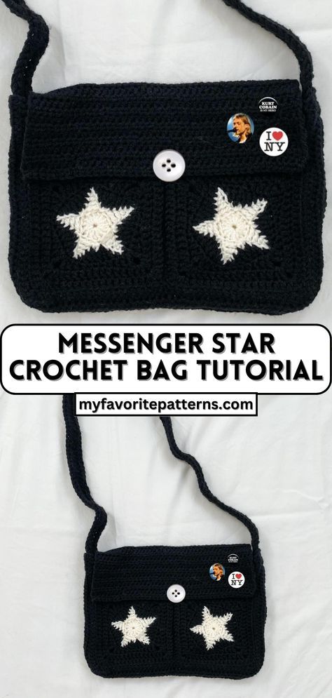 the messenger bag is crocheted with white stars on it and has buttons attached