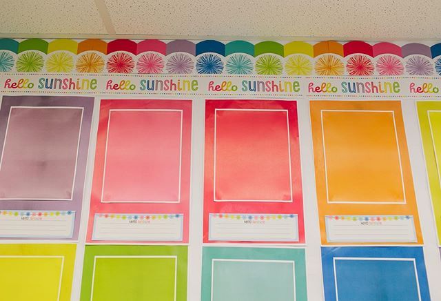 a bulletin board with different colors and designs on it's sides, along with the words hello sunshine