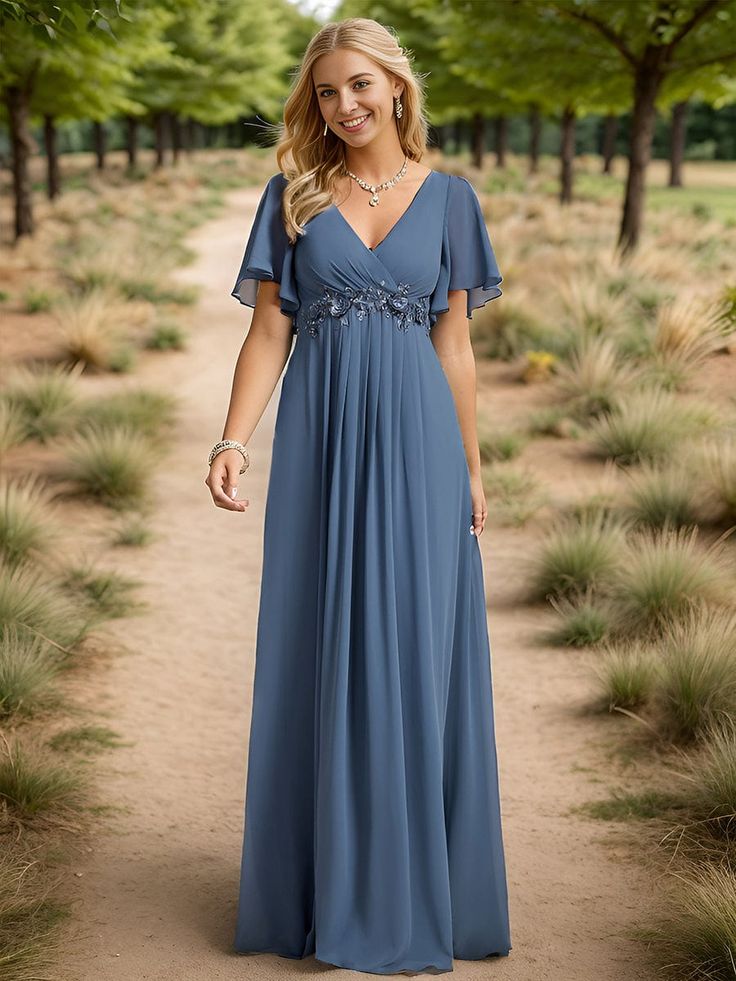 Ruffles Sleeve A-Line Chiffon Waist Applique Maxi Evening Dress #color_Dusty Navy Dusty Blue Bridesmaid, Ruffles Sleeves, Maxi Evening Dress, Dusty Blue Bridesmaid Dresses, Cascading Ruffles, Formal Evening Dress, Ever Pretty, Blue Bridesmaids, Maxi Dress Evening