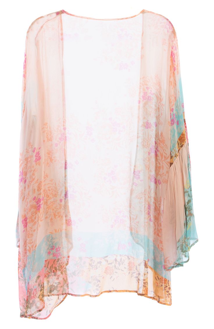 Hit the beach or kick it poolside in this flowy, semi-sheer kaftan that features an allover floral pattern, ruffled kimono-inspired sleeves and a sharkbite hem. Kimono-inspired sleeves 100% viscose Hand wash, line dry Imported Bohemian Summer Chiffon Kimono, Spring Vacation Chiffon Kimono, Bohemian Chiffon Kimono For Summer, Chiffon Kimono For Spring Vacation, Flowy Open Front Printed Cover-up, Summer Beach Chiffon Kimono, Spring Beachwear Chiffon Cover-up, Flowy Breezy Cover-up For Spring, Breezy Flowy Spring Cover-up