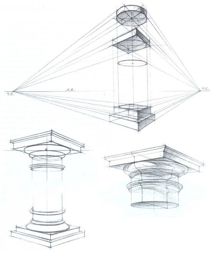 three drawings of different architectural structures