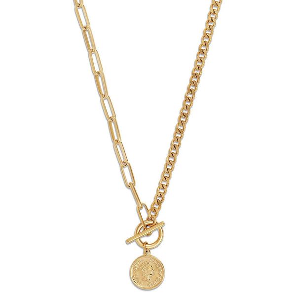 Ellie Vail - Stacie Toggle Chain Coin Necklace Metal Medallion Chain Necklace With Adjustable Chain, Metal Medallion Necklace With Adjustable Chain, Adjustable Metal Medallion Chain Necklace, Metal Toggle Necklace, Gold-tone Metal Chain Necklace With Toggle Clasp, Gold-tone Chain Necklace With Toggle Clasp, Adjustable Metal Chain Necklace With Toggle Clasp, Metal Chain Necklace With Paperclip Chain, Round Metal Chain Necklace With Paperclip Chain