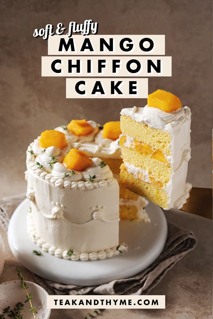 there is a white cake with oranges on top and the words mango chiffon cake above it