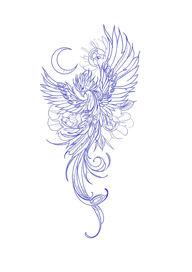 a drawing of a bird with wings and flowers on it's back, in blue ink