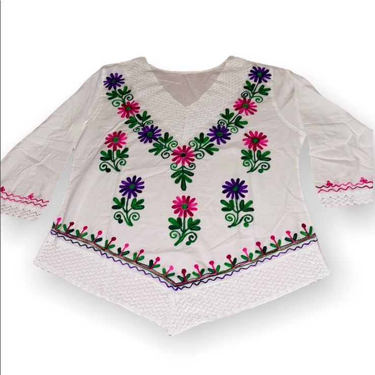 New, Perfect Conditions White Long Sleeves Blouse With Embroidered Flowers V-Neck Mexican Artisanal Piece Multicolor V-neck Top With Floral Embroidery, Casual V-neck Embroidered Top With Multicolor Embroidery, Bohemian V-neck Top With Resham Embroidery, Folk Style V-neck Blouse With Embroidered Neckline, Spring V-neck Blouse With Chikankari Embroidery, Casual V-neck Blouse With Geometric Embroidery, V-neck Tops With Floral Embroidery For Vacation, V-neck Blouse With Multicolor Embroidery For Vacation, Multicolor Floral Embroidered V-neck Top