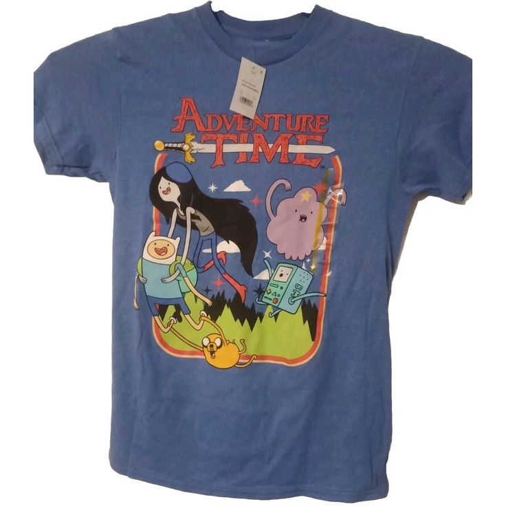 Express Your Love For Adventure Time With This Cool Graphic T-Shirt From Isaac Morris. The Shirt Features A Crew Neckline, Short Sleeves, And A Regular Fit, Making It Perfect For Any Casual Occasion. The Royal Heather Blue Color Adds A Touch Of Elegance And The Graphic Print Of Your Favorite Adventure Time Characters Makes It A Must-Have For Any Fan. Made Of Polyester And Cotton, This T-Shirt Is Machine Washable For Easy Care. Available In Size Small, This Shirt Is Perfect For Men Who Want To Sh Fun Blue Crew Neck T-shirt, Blue Crew Neck Fun T-shirt, Blue Crew Neck T-shirt Fun Style, Fun Blue Pre-shrunk T-shirt, Blue Short Sleeve Shirt With Screen Print, Fun Blue Tops With Screen Print, Fun Blue Short Sleeve T-shirt, Fun Blue Screen Print Tops, Fun Blue Crew Neck Shirt