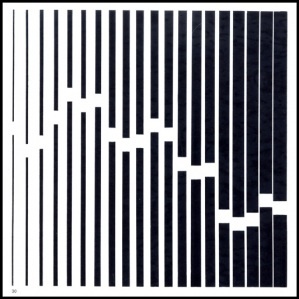 a black and white poster with bars on it's side, in the middle of an image