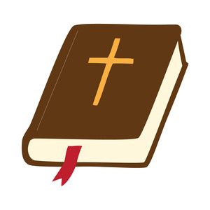 an open book with a cross on the front and a red ribbon around the edge