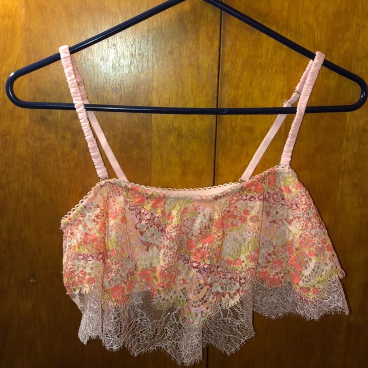 Colorful Lace Bandeau Style Bralette With Adjustable Straps Straps Can Be Removed Pink Bra-friendly Crop Top For Loungewear, Pink Bra Friendly Crop Top For Loungewear, Pink Bra-friendly Summer Sleepwear, Summer Bra-friendly Pink Sleepwear, Pink Summer Crop Top For Brunch, Summer Pink Tops With Lace Trim, Pink Bra Friendly Top For Spring, Pink Lace Top With Spaghetti Straps, Pink Lace Tops With Spaghetti Straps