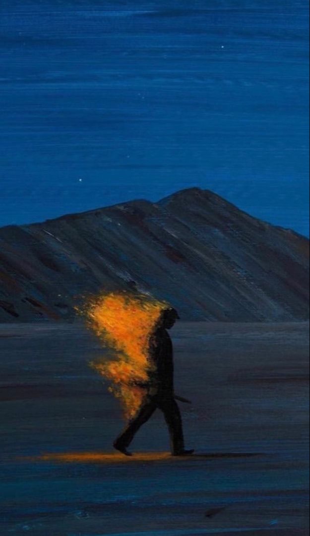 a painting of a person walking in the desert with a fireball on their back