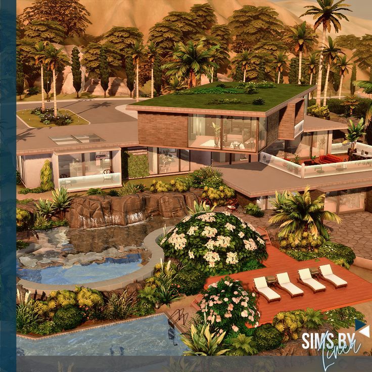 an artist's rendering of a house in the middle of palm trees and water