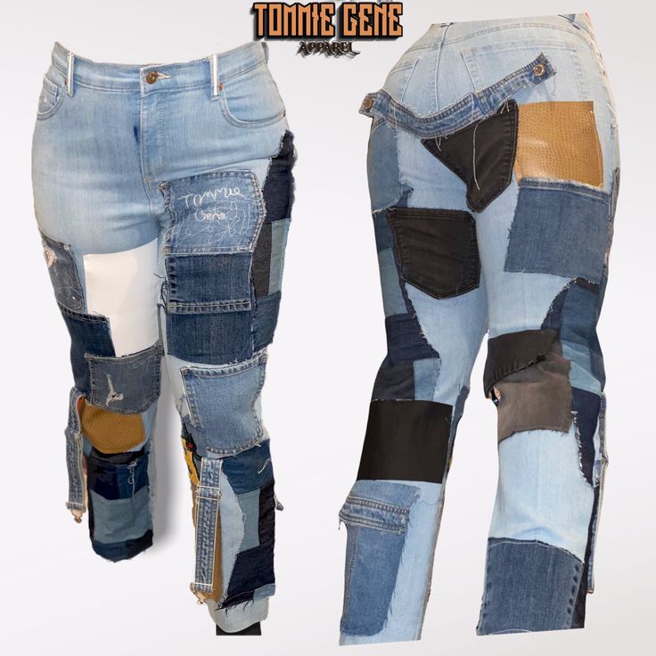 "one of a kind 1:1 by Tommie Gene apparel  Patchwork straight leg denim jeans  white accents on the front, Black accents on the back. Woman's size 5 Classic 10\" high rise jeans  Blue wash/stretch denim  patchwork  giving cool girl vibes, Punk rock. made from 100% recycled material ♻️" Patchwork Denim Jeans, Denim Patchwork, Jeans White, Straight Leg Denim, Womens Jeans, Black Accents, High Rise Jeans, Yin Yang, Punk Rock