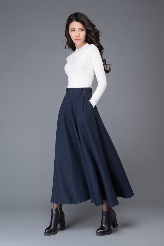 Vintage skirt/blue wool skirt/ Circular Skirt/winter by YL1dress Navy Skirt Outfit, Wool Skirt Outfit, Long Wool Skirt, Rok Outfit, Circular Skirt, Skirt Winter, Casual Linen Pants, Skirt Wool, Long Skirt Outfits