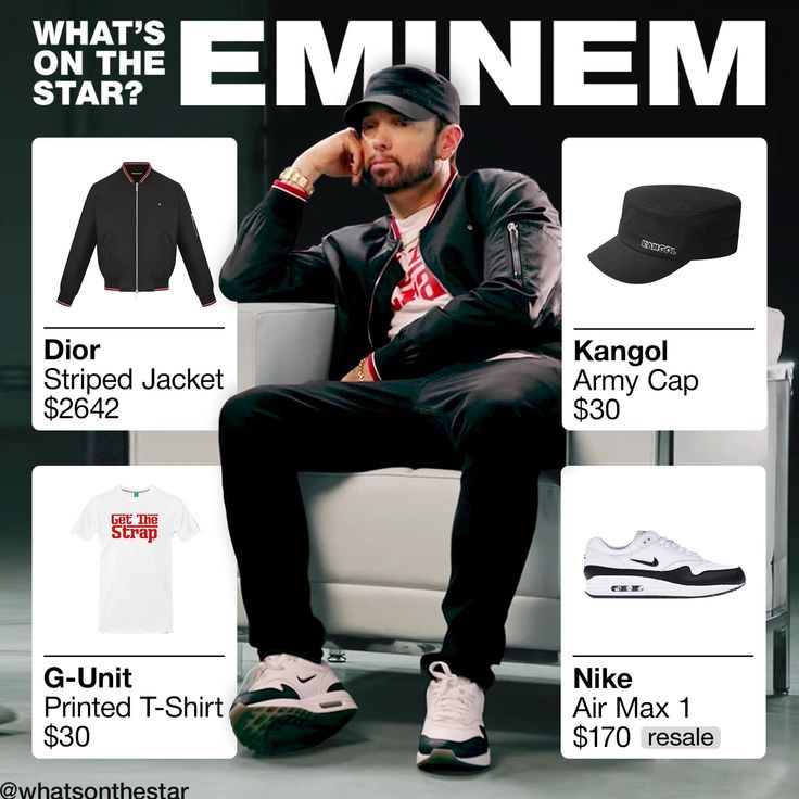 Kangol Cotton Twill Army Cap $30 Dior Homme Jacket $2642  G-Unit Get the Strap T-Shirt $30  Nike Air Max 1 Jewel White Black $170 Air Max 1 Black, Kangol Caps, G Unit, Army Cap, Logo Pin, Outfit Grid, Nike Air Max 1, Popular Artists, Striped Jacket