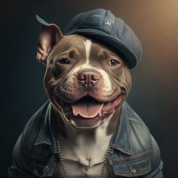 a brown and white dog wearing a denim jacket with a hat on it's head