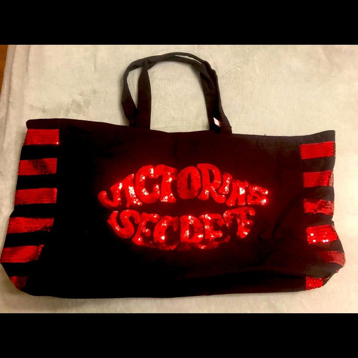 Victoria Secret Black Tote Bag With Red Sequins Trendy Victoria's Secret Bags For Gifts, Trendy Victoria's Secret Bags As Gift, Victoria's Secret Black Pouch Bag, Victoria's Secret Red Bags For Everyday Use, Victoria's Secret Red Bag For Everyday Use, Victoria's Secret Red Shopping Bag, Velour Bag, Gold Jeans, Victoria Secret Black