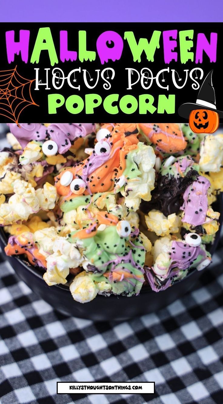 Hocus Pocus popcorn in a black bowl Hocus Pocus Popcorn, Hocus Pocus Party Food, Candy Popcorn Recipe, Sisters Movie, Delicious Halloween Treats, Gluten Free Snack, Halloween Popcorn, Hocus Pocus Party, Hocus Pocus 2