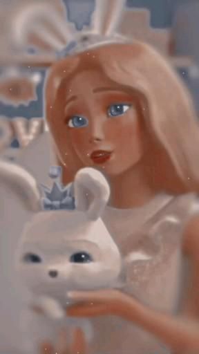 a painting of a girl holding a white rabbit