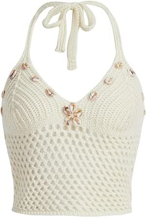 a women's white bra top with an open back and floral appliques