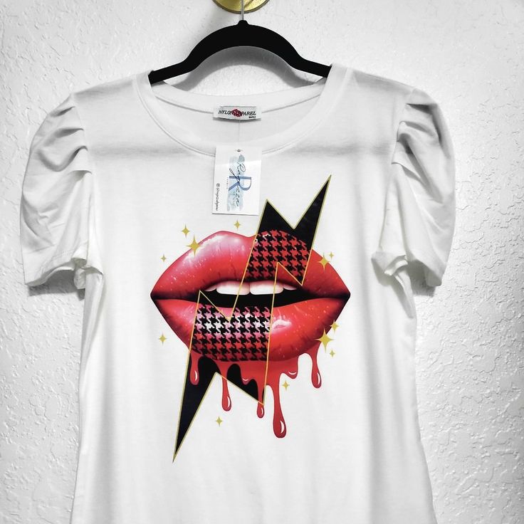 Red Lip White T-Shirt, Soft Cotton Red Sublimation Print Top For Summer, Trendy Red Tops With Screen Print, Trendy Red Short Sleeve T-shirt, Trendy Red T-shirt With Graphic Print, Red Fitted Trendy T-shirt, Trendy Red T-shirt With Screen Print, Red Top With Sublimation Print And Short Sleeves, Red Short Sleeve Top With Sublimation Print, Fitted Red T-shirt With Sublimation Print