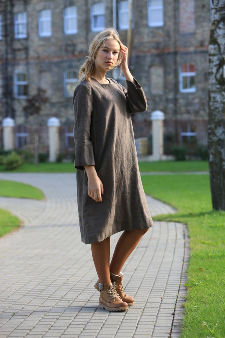 "Handcrafted Oeko-Tex Standard certified 100% European linen smock dress ideal for everyday wear. Perfect for springtime or chilly summer days. Always dress to kill! Neckline: round Silhouette: shift Length: ±41\"/105cm (we can make adjustments) Sleeve length: 3/4 Pockets: side seam Details: *Colour shown: wood brown *Model is wearing size M *Medium weight *Maternity-friendly *Relaxed fit *Not-ironed (and no need to) *Handmade by @LinenCloud Easy care: - Machine wash gentle - Wash seperately or Casual Linen V-neck Shift Dress, Casual V-neck Shift Linen Dress, Relaxed Fit Linen Dresses For Spring, Casual Linen Dress For Spring Day Out, Casual Knee-length Linen Shift Dress, Casual Knee-length Shift Linen Dress, Spring Flax Linen Dress, Casual Linen Dress For Fall Beach Outings, Casual Linen Dress For Beach In Fall