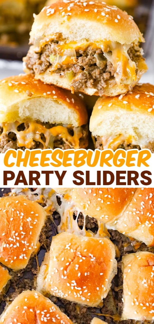 cheeseburger party sliders are stacked on top of each other and ready to be eaten