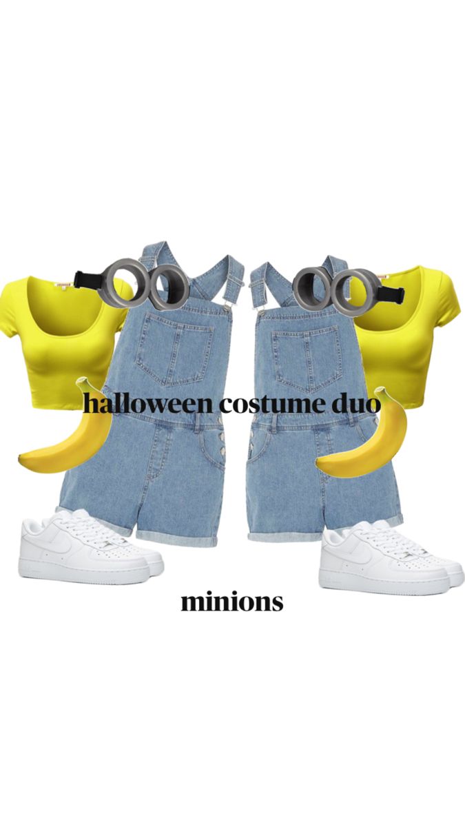 two pairs of overalls with bananas on them and the words halloween costume duo minions