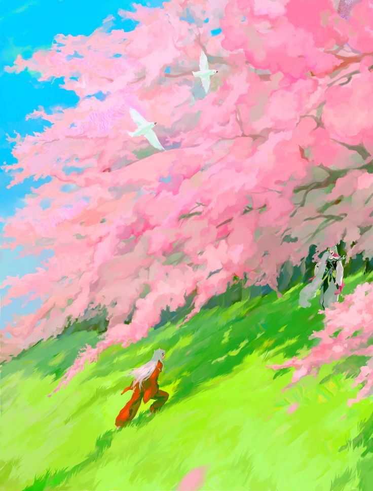 a painting of two people walking in the grass under pink flowers