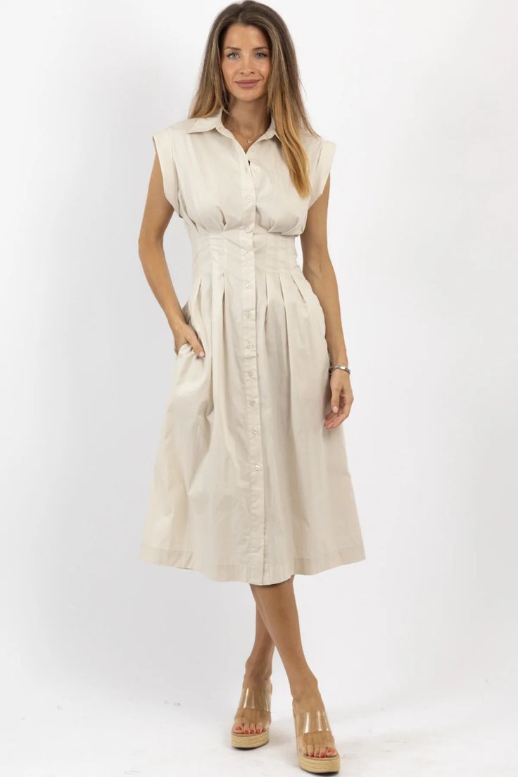 OYSTER LINEN MIDI DRESS – L'ABEYE Neutral Dresses With Button Closure For Daywear, Neutral Dress With Button Closure For Daywear, Knee-length Midi Dress With Button Closure For Daywear, Summer Midi Shirt Dress With Buttons, Summer Daywear Midi Dress With Button Closure, Summer Midi Dress For Daywear With Button Closure, Mid-length Midi Dress With Buttons For Daywear, Chic Button-up Linen Dress, Sleeveless Beige Midi Dress With Button Closure